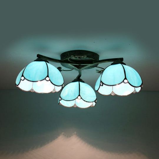 Rustic Dome Ceiling Fixture - Beige/Yellow-Blue/Clear/Blue Glass Flush Mount - 3 Lights - Living Room