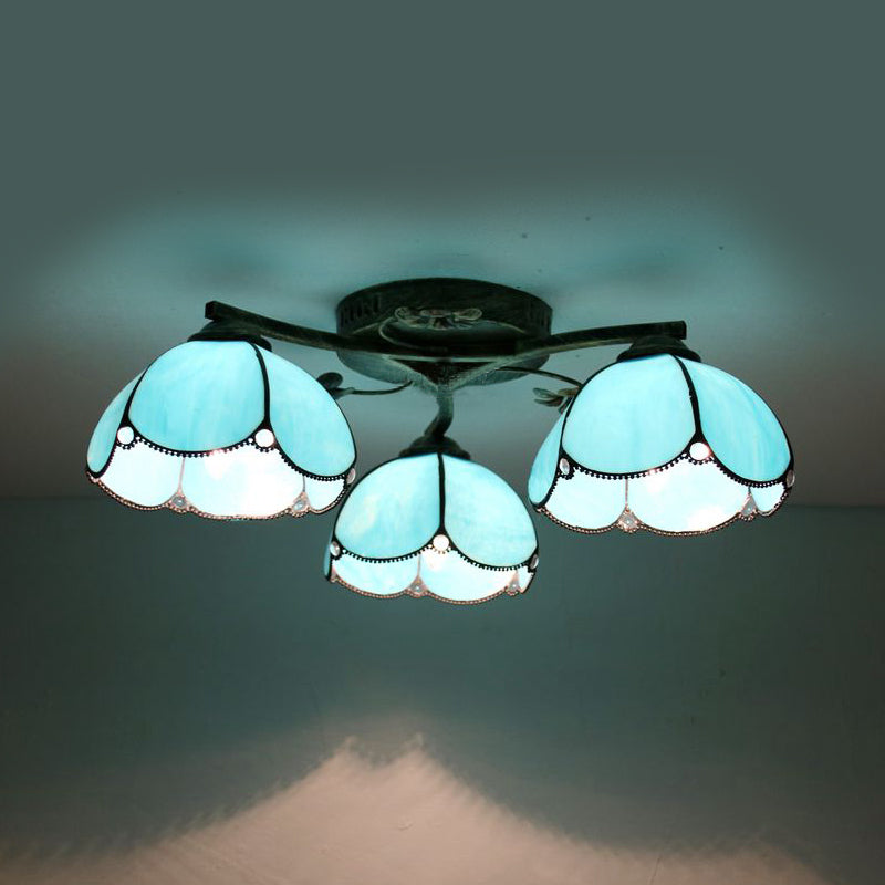 Rustic Dome Ceiling Fixture - Beige/Yellow-Blue/Clear/Blue Glass Flush Mount 3 Lights Living Room