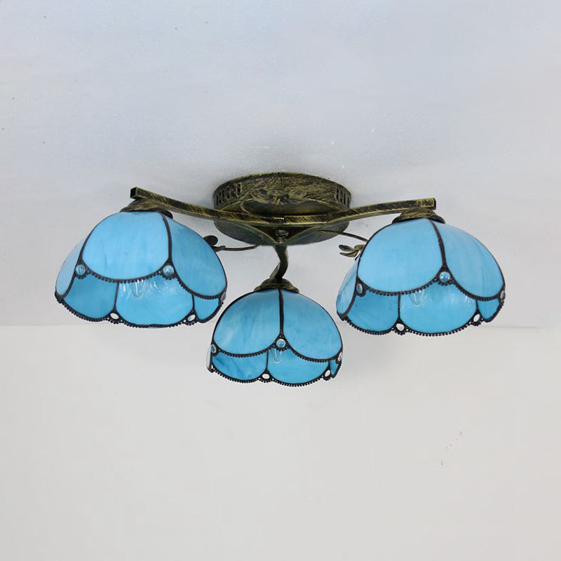 Rustic Dome Ceiling Fixture - Beige/Yellow-Blue/Clear/Blue Glass Flush Mount - 3 Lights - Living Room