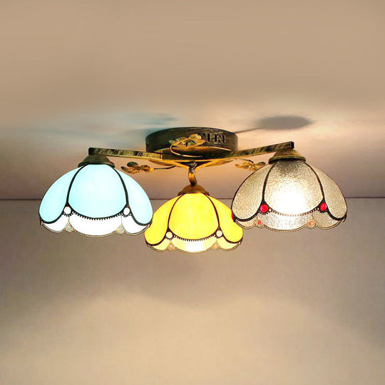 Rustic Dome Ceiling Fixture - Beige/Yellow-Blue/Clear/Blue Glass Flush Mount - 3 Lights - Living Room