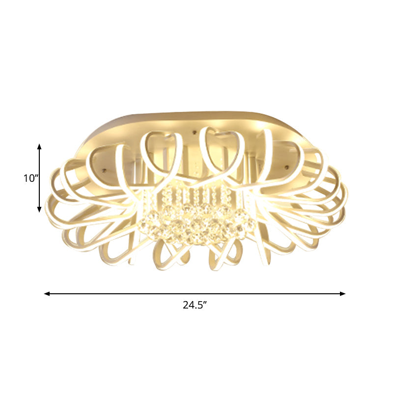 Plafonnier LED blanc moderne avec boule en cristal transparent - Luminaires encastrés ovales en acrylique, options de largeur de 19,5" et 24,5"