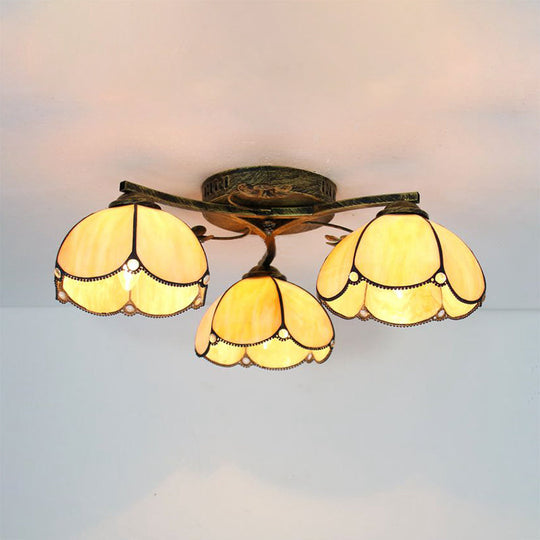 Rustic Dome Ceiling Fixture - Beige/Yellow-Blue/Clear/Blue Glass Flush Mount - 3 Lights - Living Room