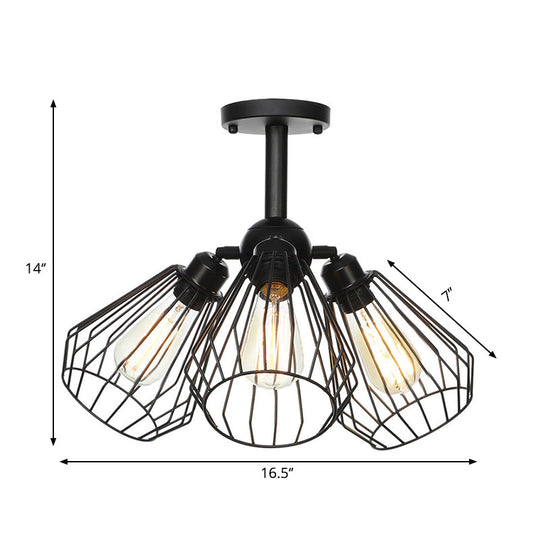 Semi Flush Industrial Black Ceiling Lighting For Living Room - 3 Heads With Wire Cage Metal Shade