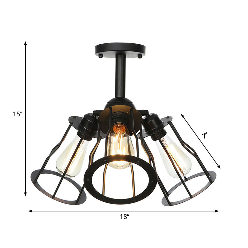 Semi Flush Industrial Black Ceiling Lighting For Living Room - 3 Heads With Wire Cage Metal Shade