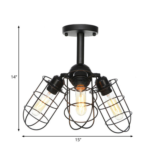 Semi Flush Industrial Black Ceiling Lighting For Living Room - 3 Heads With Wire Cage Metal Shade