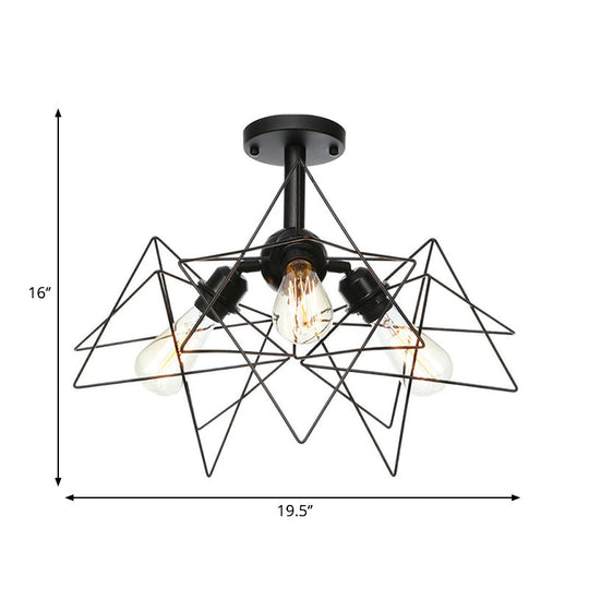 Semi Flush Industrial Black Ceiling Lighting For Living Room - 3 Heads With Wire Cage Metal Shade