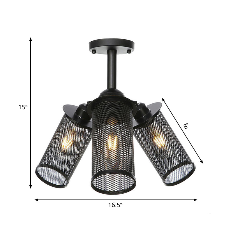 Industrial Metal Cylinder/Lantern Ceiling Light Fixture - 3 Heads, Black