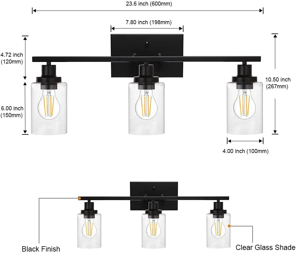 Retro Industrial Style Glass 3-Light Cylinder Vanity Wall Light Fixtures