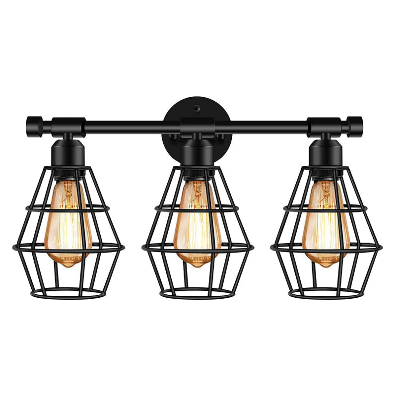 Retro Industrial Metal Cage Vanity Wall Light - 3 Fixture Black / Lantern