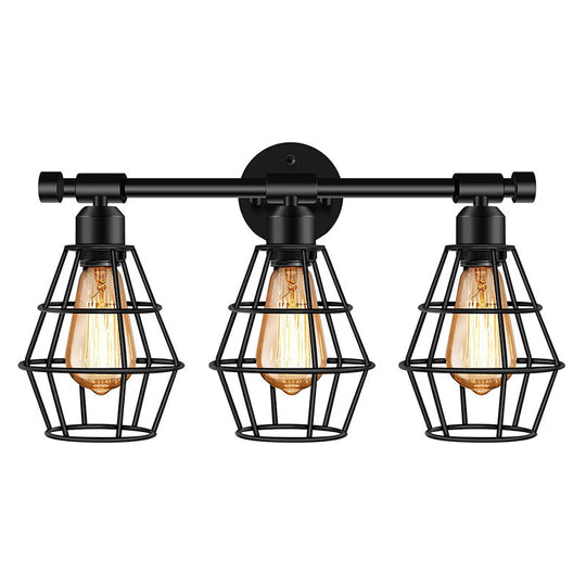 Retro Industrial Metal Cage Vanity Wall Light - 3 Fixture Black / Lantern