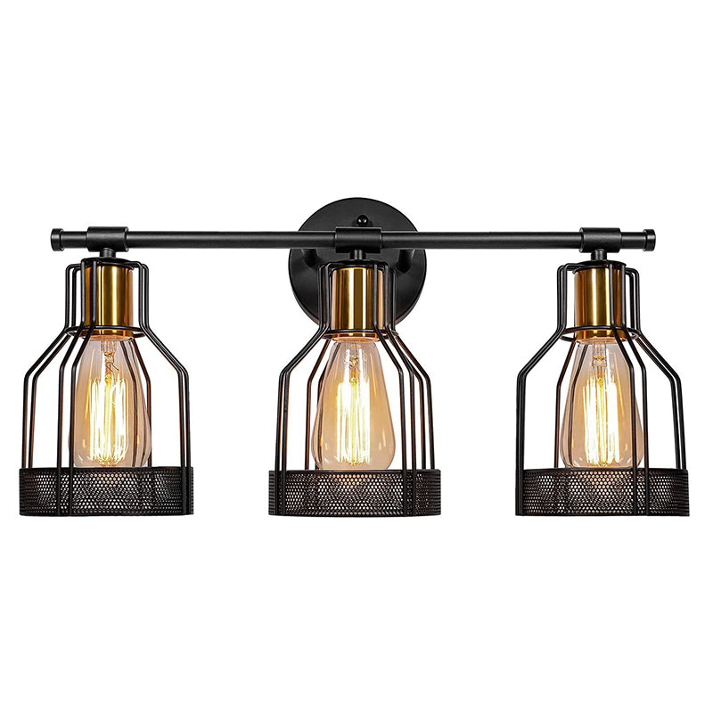 Retro Industrial Metal Cage Vanity Wall Light - 3 Fixture Black / Barrel