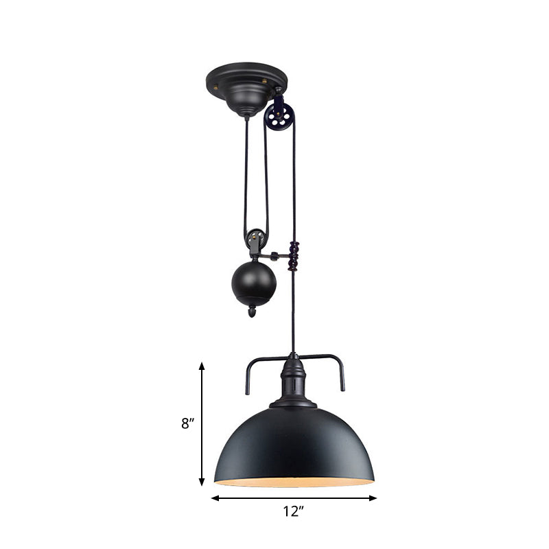 Black Dome Hanging Light - Warehouse Style Metallic Pendant With Pulley Design 8/12 Width