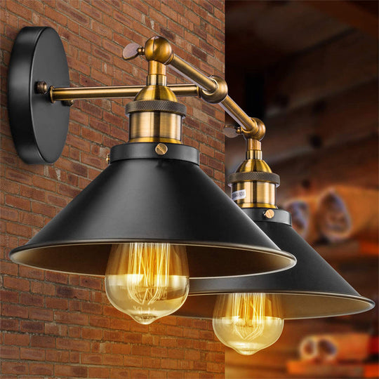 Industrial Metal Vanity Wall Light With Conical Shade - Retro Style 2-Light