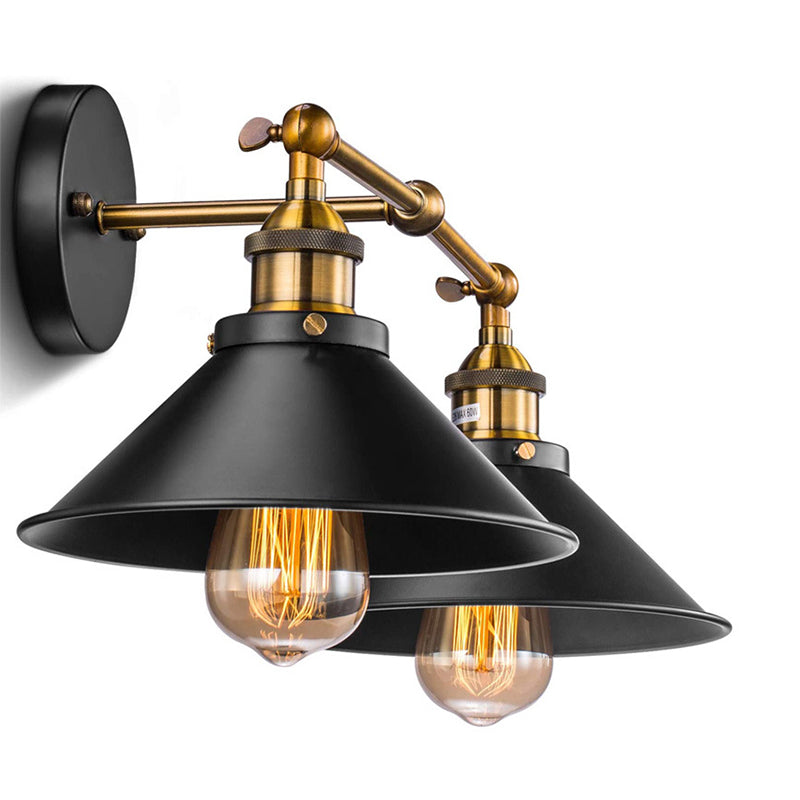 Industrial Metal Vanity Wall Light With Conical Shade - Retro Style 2-Light Black