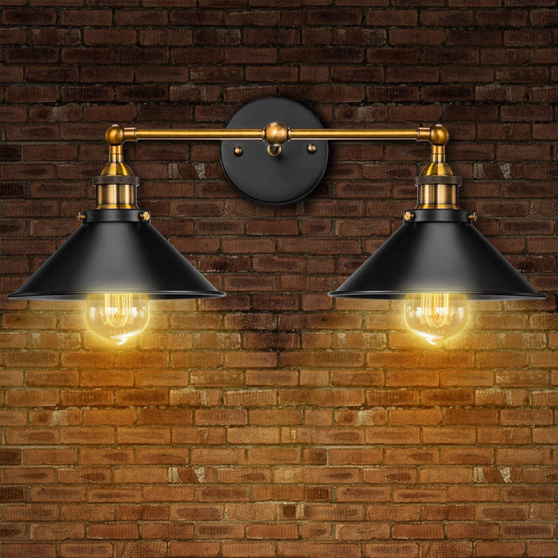 Industrial Metal Vanity Wall Light With Conical Shade - Retro Style 2-Light