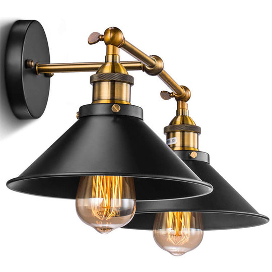 Industrial Metal Vanity Wall Light With Conical Shade - Retro Style 2-Light