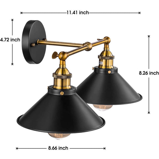 Industrial Metal Vanity Wall Light With Conical Shade - Retro Style 2-Light