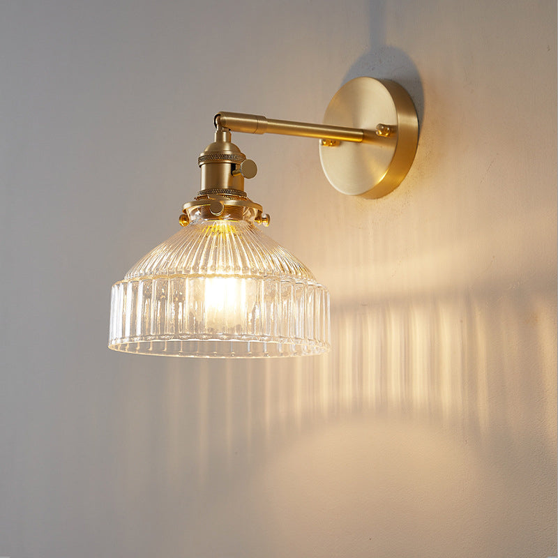 Gold Ribbed Glass Industrial Wall Lamp For Bedroom