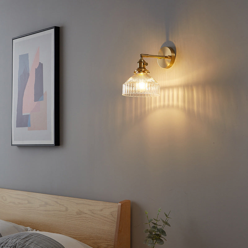 Gold Ribbed Glass Industrial Wall Lamp For Bedroom