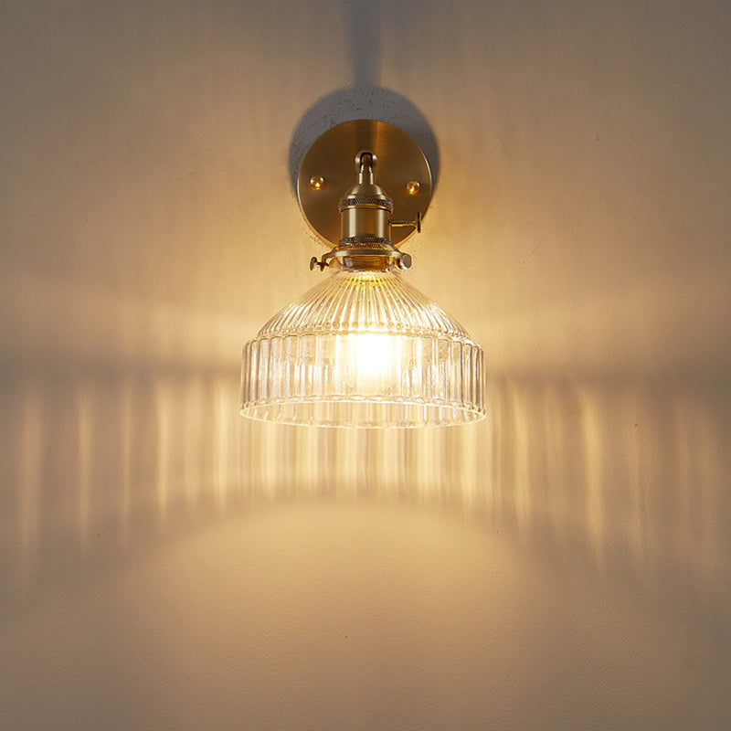 Gold Ribbed Glass Industrial Wall Lamp For Bedroom