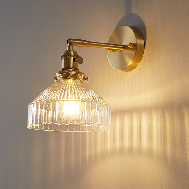 Gold Ribbed Glass Industrial Wall Lamp For Bedroom