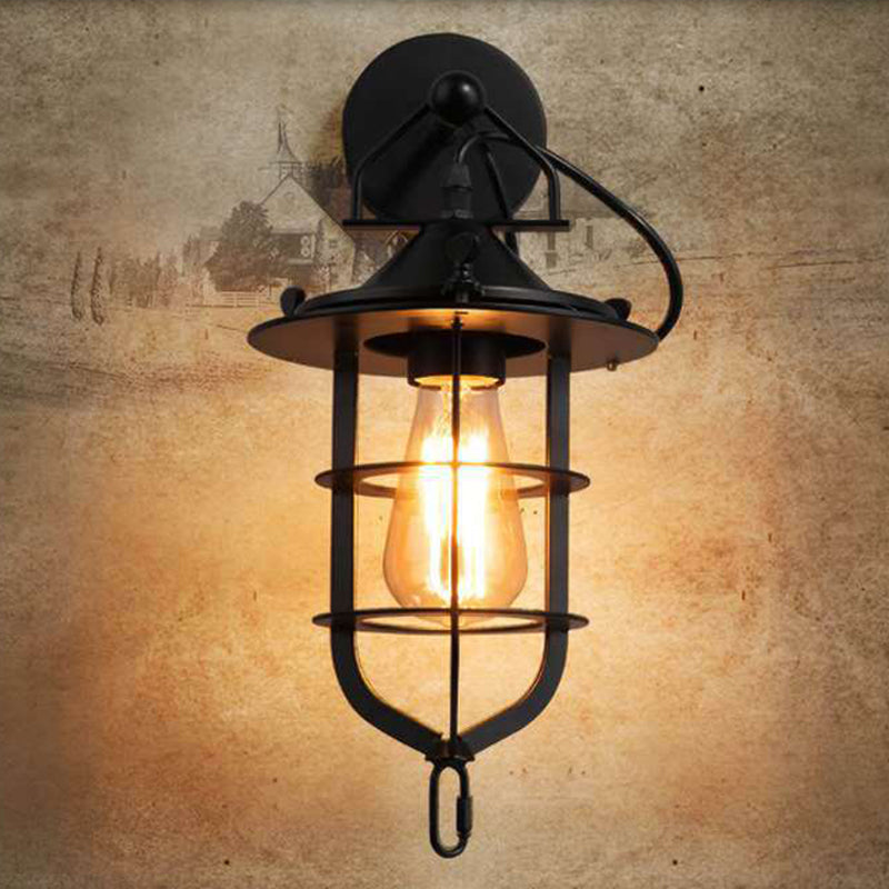 Metal Cage Wall Sconce - Industrial Style Down Lighting With 1 Light