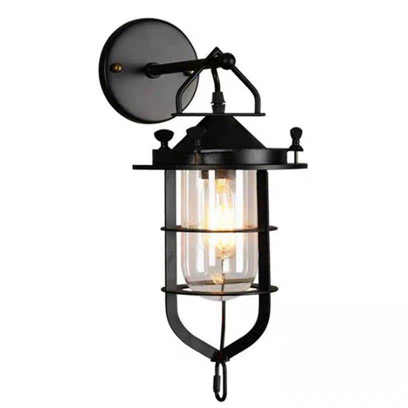 Metal Cage Wall Sconce - Industrial Style Down Lighting With 1 Light Black