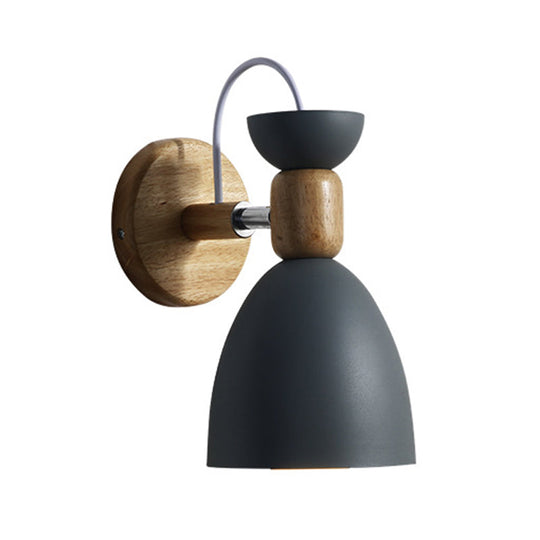 Nordic Macaroon Wall Mount Sconce: Wood Arm And Metal Shade Grey