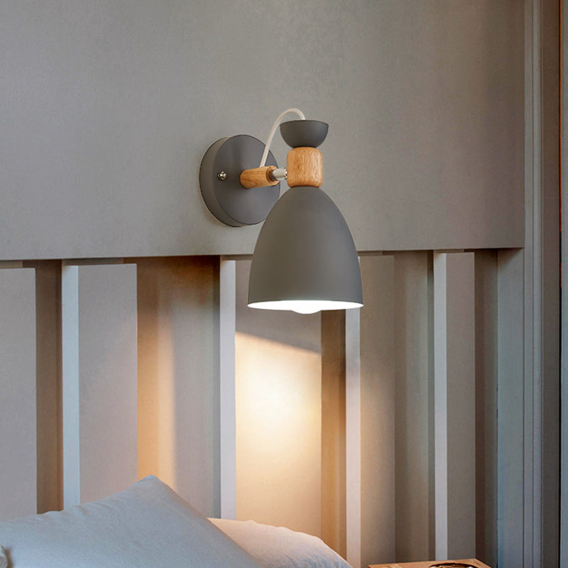 Nordic Macaroon Wall Mount Sconce: Wood Arm And Metal Shade