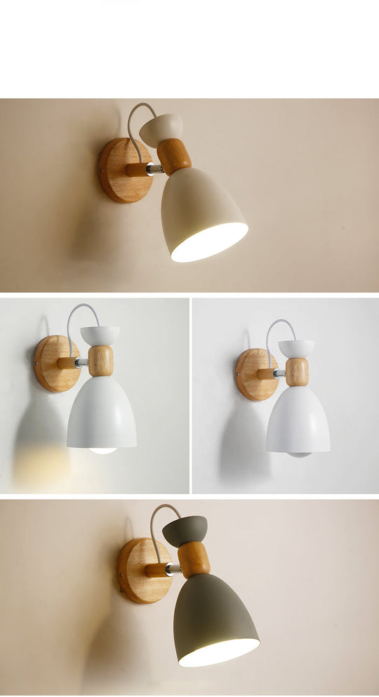 Nordic Macaroon Wall Mount Sconce: Wood Arm And Metal Shade