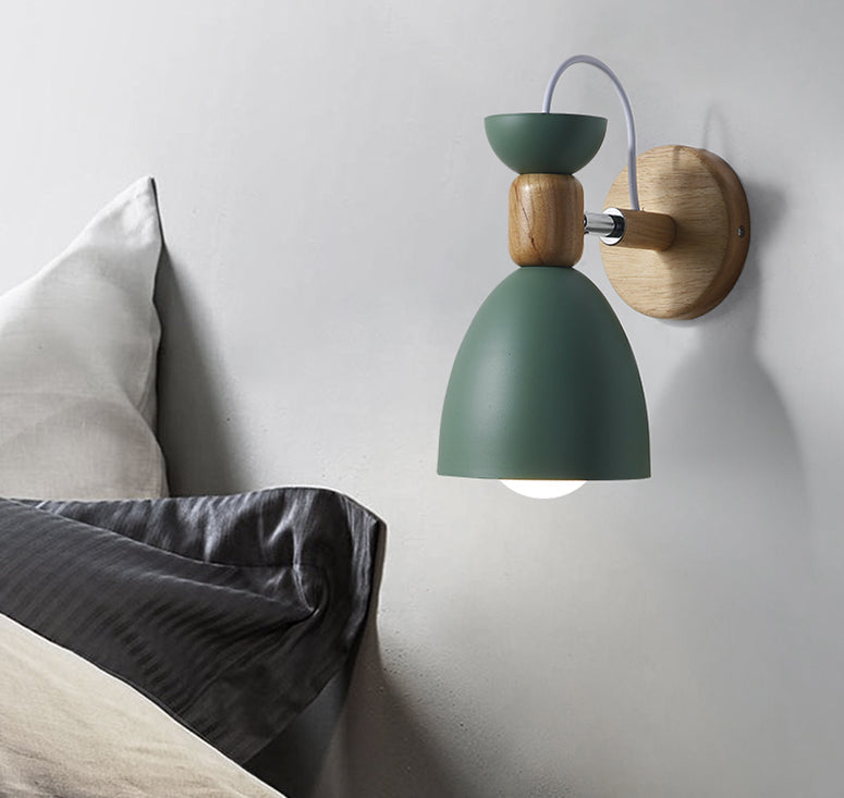 Nordic Macaroon Wall Mount Sconce: Wood Arm And Metal Shade