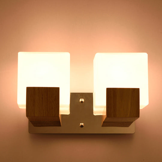 Modern Wooden Square Wall Mount Sconce Light With Simple Glass Shade For Bedroom 2 / Wood