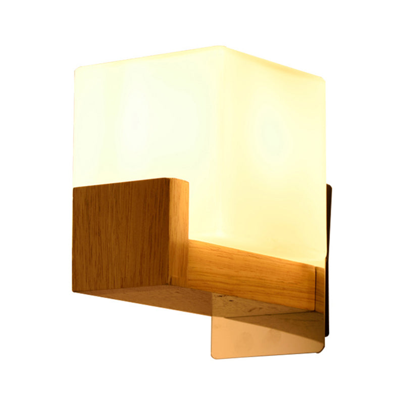 Modern Wooden Square Wall Mount Sconce Light With Simple Glass Shade For Bedroom