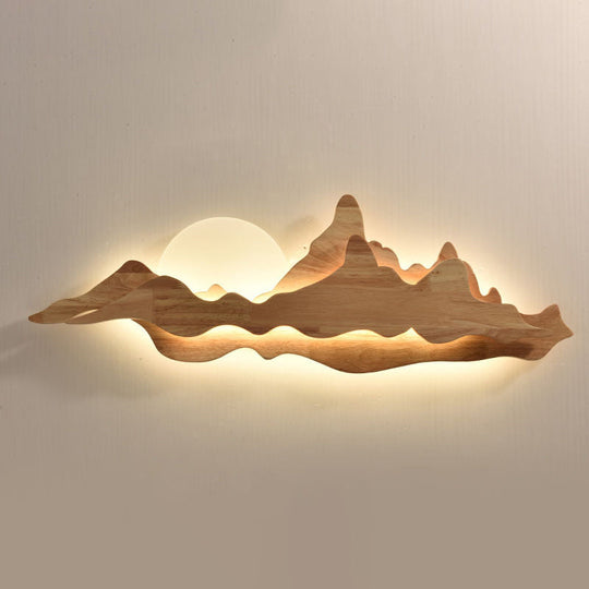 Chinese-Inspired Moon And Mountain Wall Sconce For Living Room Light Wood / Warm