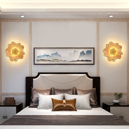 Chinese-Inspired Flower-Shaped Wooden Sconce: Decorative Wall Lighting For Bedroom/ Tearoom