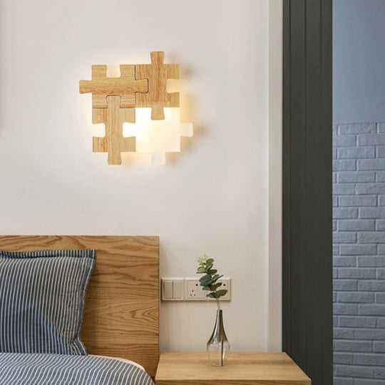 Led Wooden Jigsaw Puzzle Wall Lamp With Acrylic Shade For Bedroom