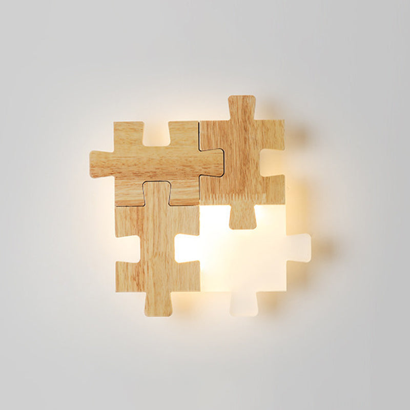 Led Wooden Jigsaw Puzzle Wall Lamp With Acrylic Shade For Bedroom Wood / Warm