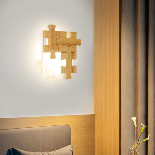 Led Wooden Jigsaw Puzzle Wall Lamp With Acrylic Shade For Bedroom