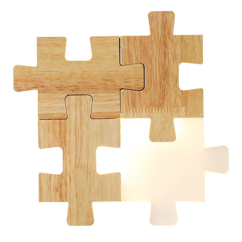 Led Wooden Jigsaw Puzzle Wall Lamp With Acrylic Shade For Bedroom