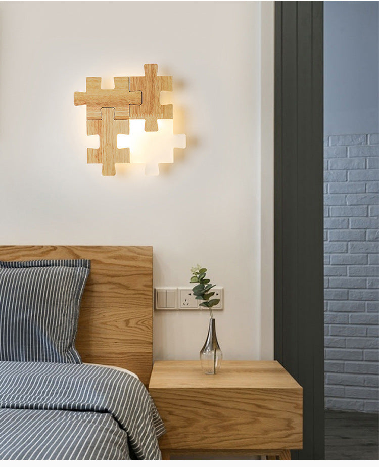 Led Wooden Jigsaw Puzzle Wall Lamp With Acrylic Shade For Bedroom