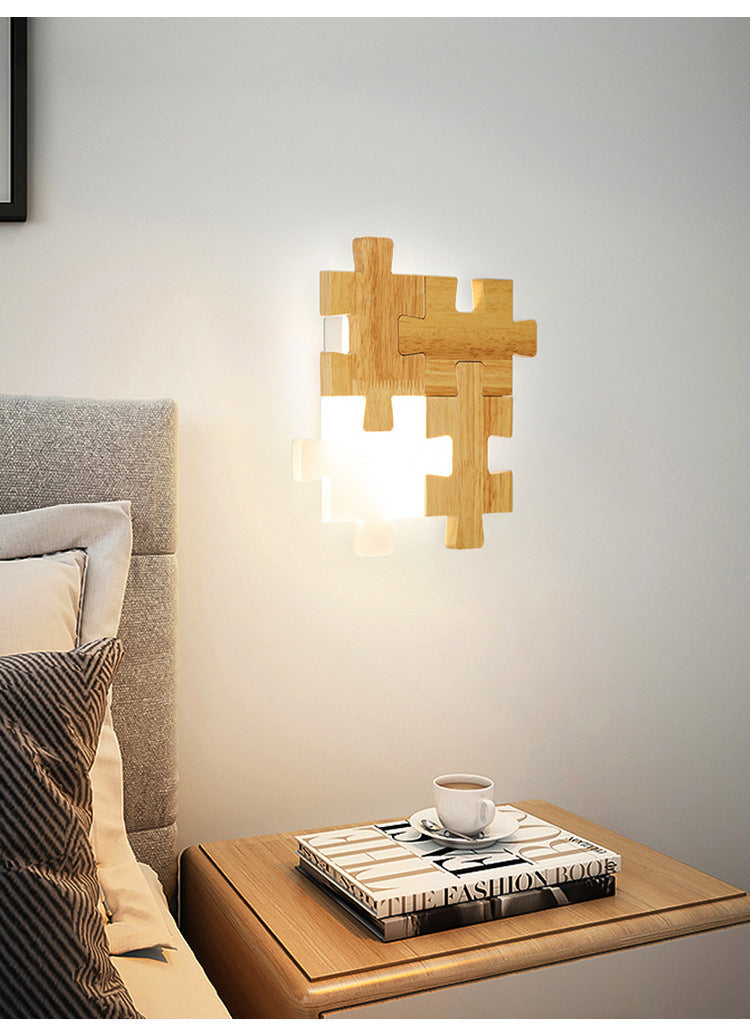 Led Wooden Jigsaw Puzzle Wall Lamp With Acrylic Shade For Bedroom