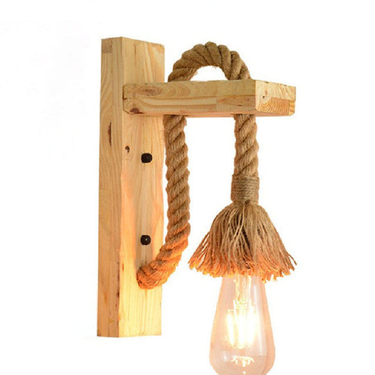 Industrial Bare Bulb Wall Sconce With Braided Rope For Restaurant Corridor Lighting Wood