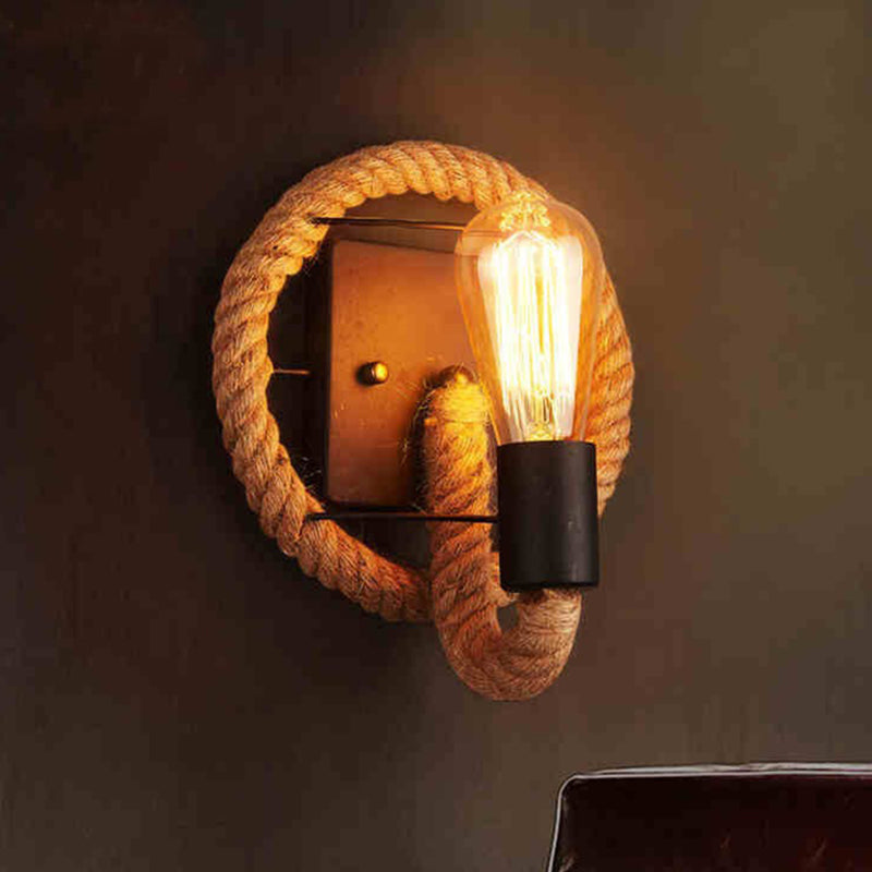 Rustic Indoor Wall Light With Wagon Wheel Design And Rope Shade Black / Round