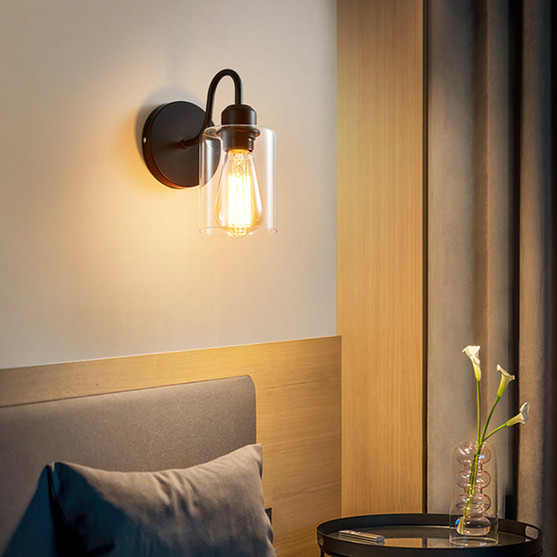 Modern Metal Arm Wall Sconce With Cylinder Glass Shade - Ideal For Bedroom Lighting