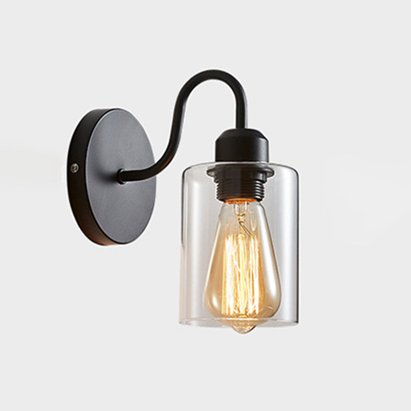 Modern Metal Arm Wall Sconce With Cylinder Glass Shade - Ideal For Bedroom Lighting Black