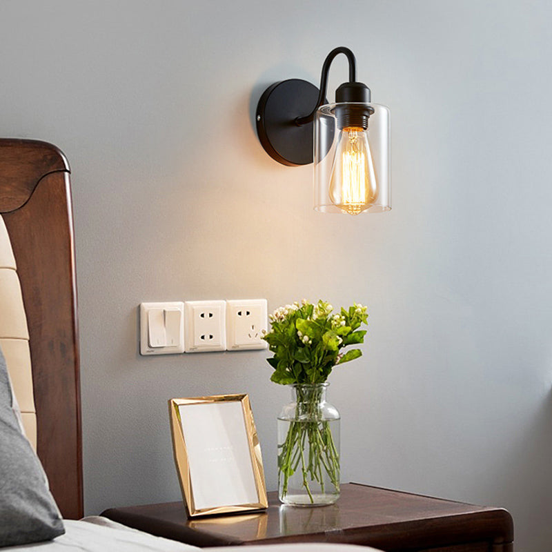 Modern Metal Arm Wall Sconce With Cylinder Glass Shade - Ideal For Bedroom Lighting