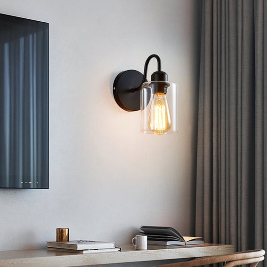 Modern Metal Arm Wall Sconce With Cylinder Glass Shade - Ideal For Bedroom Lighting