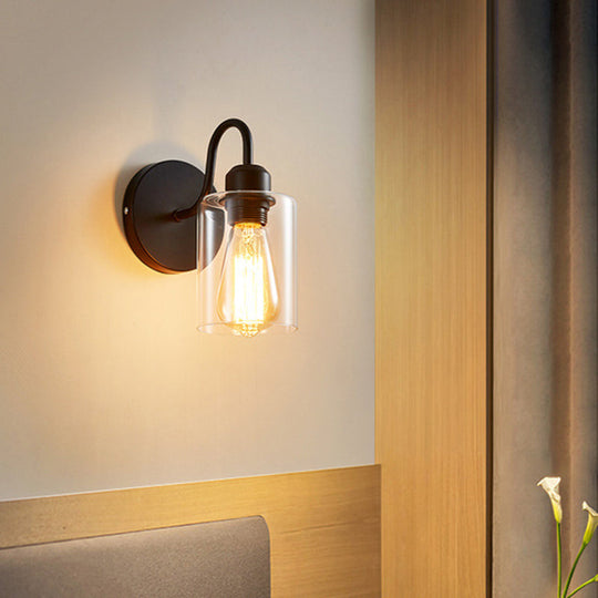 Modern Metal Arm Wall Sconce With Cylinder Glass Shade - Ideal For Bedroom Lighting