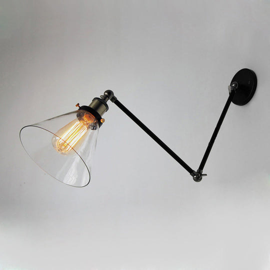 Industrial Swing Arm Wall Lamp With Conical Glass Shade - Stylish Indoor Sconce Light