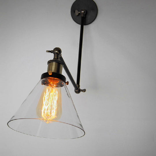 Industrial Swing Arm Wall Lamp With Conical Glass Shade - Stylish Indoor Sconce Light